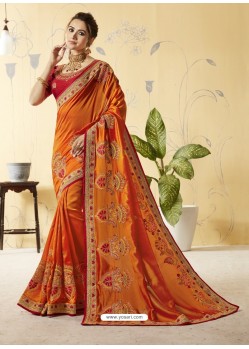 Orange Silk Stone Embroidered Party Wear Saree