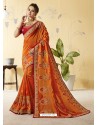 Orange Silk Stone Embroidered Party Wear Saree