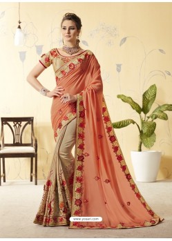 Light Orange And Beige Silk Stone Embroidered Party Wear Saree