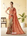 Light Orange And Beige Silk Stone Embroidered Party Wear Saree