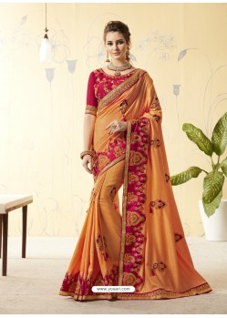 Light Orange Silk Stone Embroidered Party Wear Saree