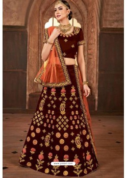 Maroon Satin Silk Embroidered Lehenga Choli