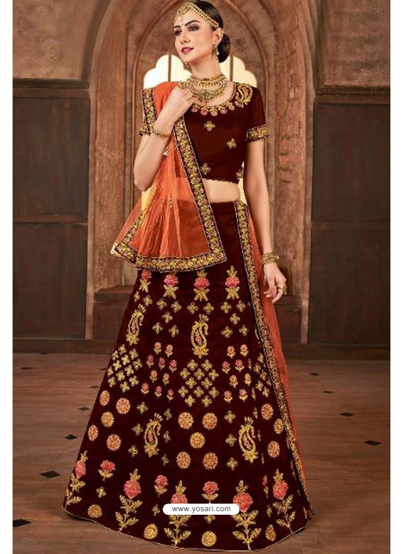 Buy Maroon Satin Silk Embroidered Lehenga Choli | Wedding Lehenga Choli