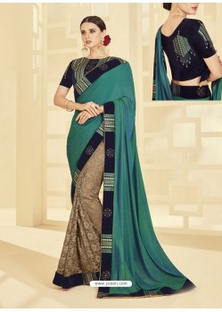 Teal And Gold Embroidered Two Tone Silk Designer Saree