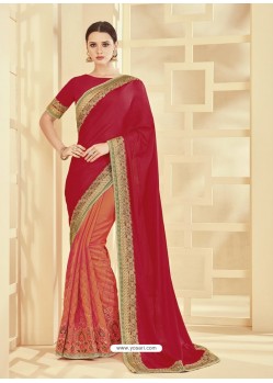 Red And Orange Embroidered Two Tone Silk Designer Saree