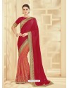 Red And Orange Embroidered Two Tone Silk Designer Saree