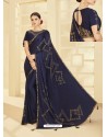 Navy Blue Embroidered Two Tone Silk Designer Saree