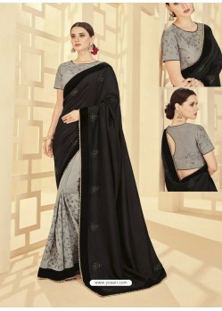 Black And Grey Embroidered Two Tone Silk Designer Saree