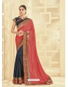 Tomato Red And Tealblue Embroidered Two Tone Silk Designer Saree