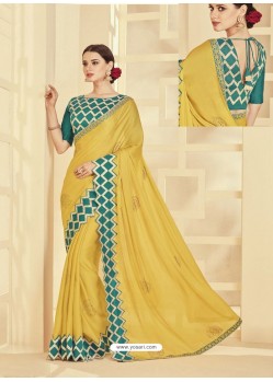 Yellow Embroidered Two Tone Silk Designer Saree