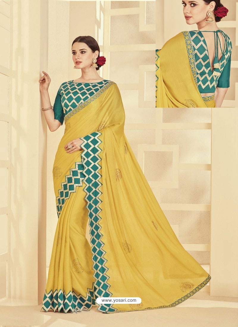Buy Yellow Embroidered Two Tone Silk Designer Saree Designer Sarees 