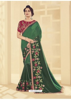 Dark Green Embroidered Two Tone Silk Designer Saree
