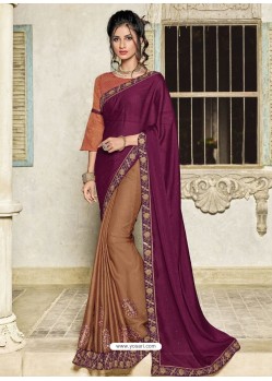 Deep Wine And Brown Two Tone Silk Embroidered Designer Saree