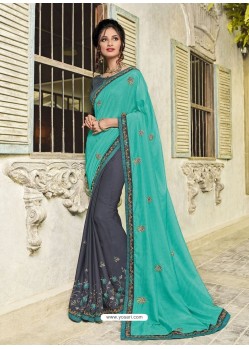 Aqua Mint And Grey Silk Fabrics Embroidered Designer Saree