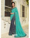 Aqua Mint And Grey Silk Fabrics Embroidered Designer Saree