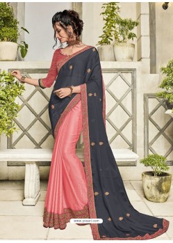 Carbon And Pink Two Tone Bright Georgette Embroidered Designer Saree