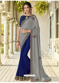 Grey And Blue Two Tone Bright Georgette Embroidered Designer Saree