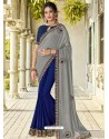 Grey And Blue Two Tone Bright Georgette Embroidered Designer Saree