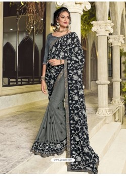 Black And Grey Two Tone Chiffon Embroidered Designer Saree