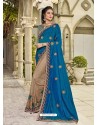 Tealblue And Beige Two Tone Silk Embroidered Designer Saree
