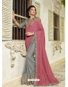 Light Pink And Grey Two Tone Silk Embroidered Designer Saree