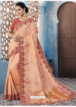 Light Orange Silk Embroidered Designer Saree