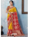 Yellow And Red Silk Embroidered Designer Saree