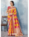 Yellow And Pink Silk Embroidered Designer Saree