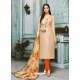 Light Beige And Orange Chanderi Cotton Embroidered Churidar Suit