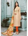 Light Beige And Orange Chanderi Cotton Embroidered Churidar Suit