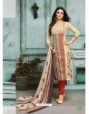 Light Beige And Red Chanderi Cotton Embroidered Churidar Suit