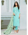 Sky Blue Chanderi Cotton Embroidered Churidar Suit