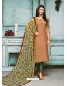 Brown And Green Chanderi Cotton Embroidered Churidar Suit