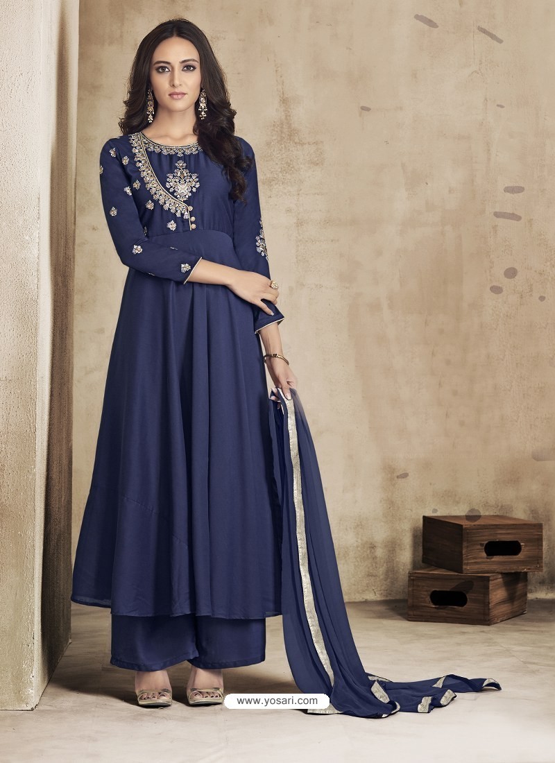 Buy Navy Blue Maslin Embroidered Designer Palazzo Suit | Palazzo Salwar ...