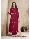 Maroon Maslin Embroidered Designer Palazzo Suit