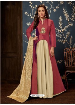 Maroon And Cream Art Silk Hand Worked Designer Gown Style Suit