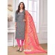 Grey Cotton Embroidered Straight Suit With Banarasi Dupatta