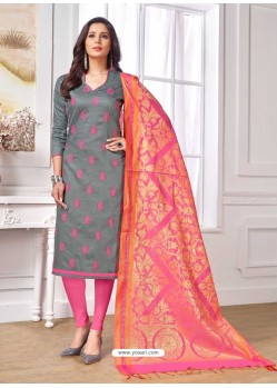 Grey Cotton Embroidered Straight Suit With Banarasi Dupatta