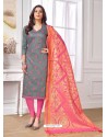 Grey Cotton Embroidered Straight Suit With Banarasi Dupatta