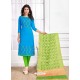 Blue Cotton Embroidered Straight Suit With Banarasi Dupatta