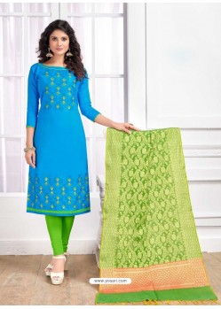 Blue Cotton Embroidered Straight Suit With Banarasi Dupatta