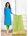Blue Cotton Embroidered Straight Suit With Banarasi Dupatta