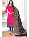 Rani Cotton Embroidered Straight Suit With Banarasi Dupatta