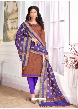 Brown Cotton Embroidered Straight Suit With Banarasi Dupatta