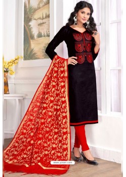Black Cotton Embroidered Straight Suit With Banarasi Dupatta