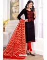 Black Cotton Embroidered Straight Suit With Banarasi Dupatta