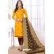 Yellow Cotton Embroidered Straight Suit With Banarasi Dupatta