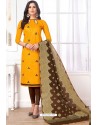 Yellow Cotton Embroidered Straight Suit With Banarasi Dupatta