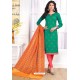 Dark Green Cotton Embroidered Straight Suit With Banarasi Dupatta