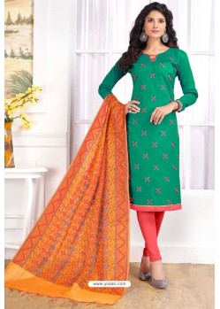 Dark Green Cotton Embroidered Straight Suit With Banarasi Dupatta